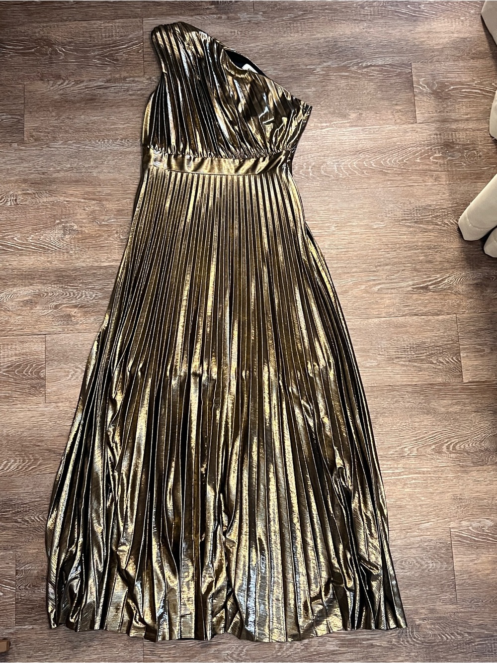 AOMEI Gold Metallic One Shoulder Pleated Midi Dress Lame Formal | Size: M